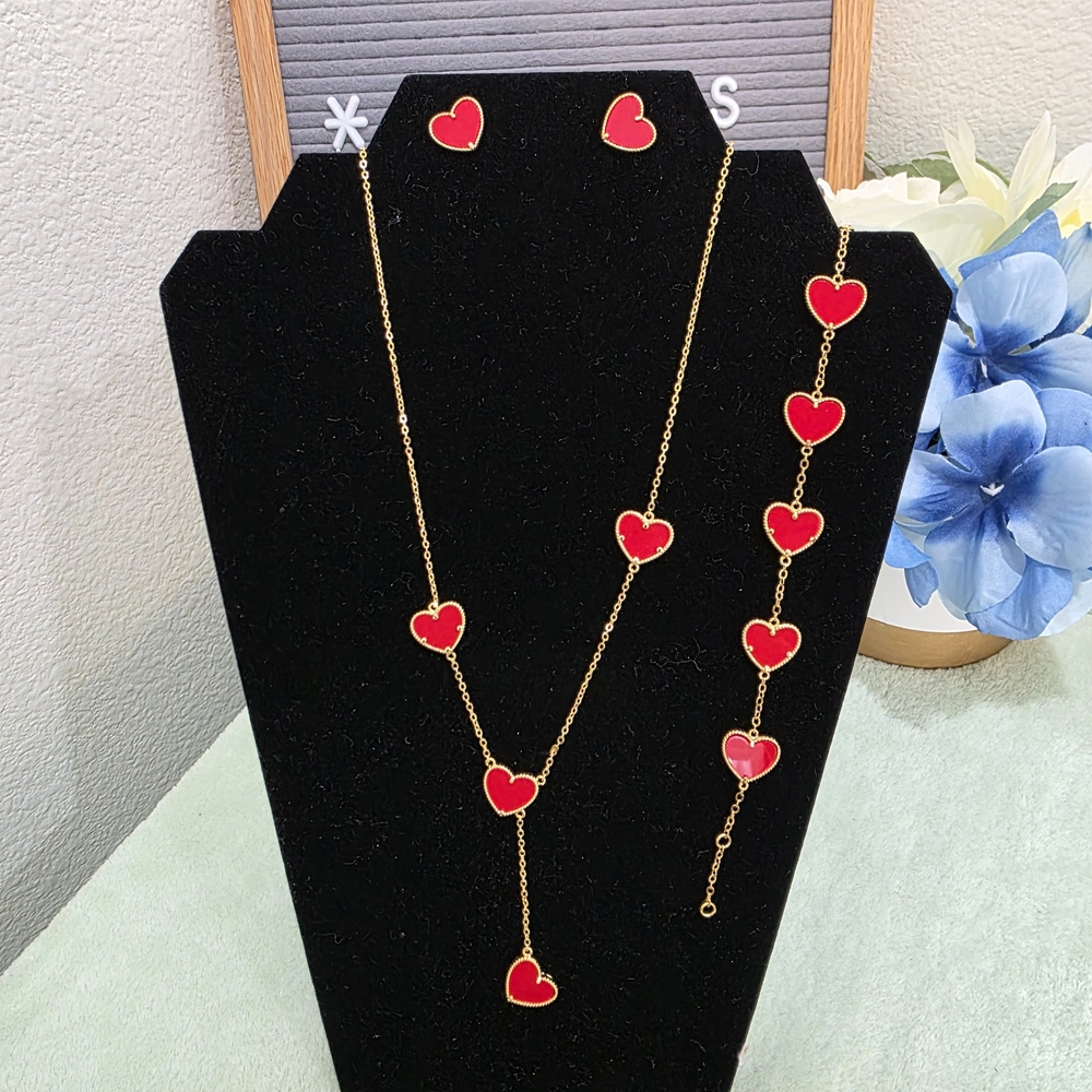 Charming Gold Jewelry Set with Red Hearts
